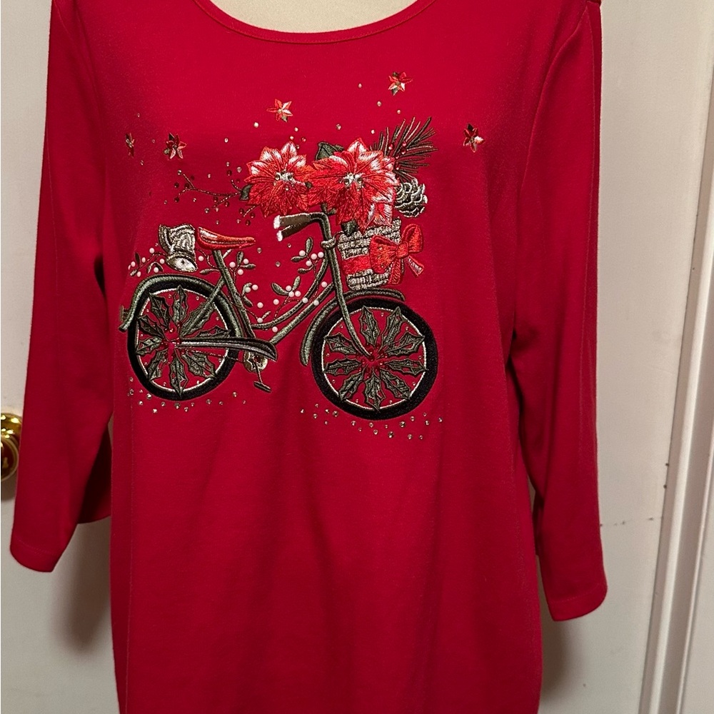 Quacker Factory Red Holiday Bicycle Long Sleeve Top